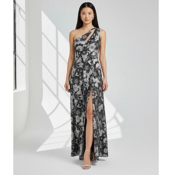 Betsy & Adam Women's Metallic-Floral One-Shoulder High Slit Gown Size 4 NWT